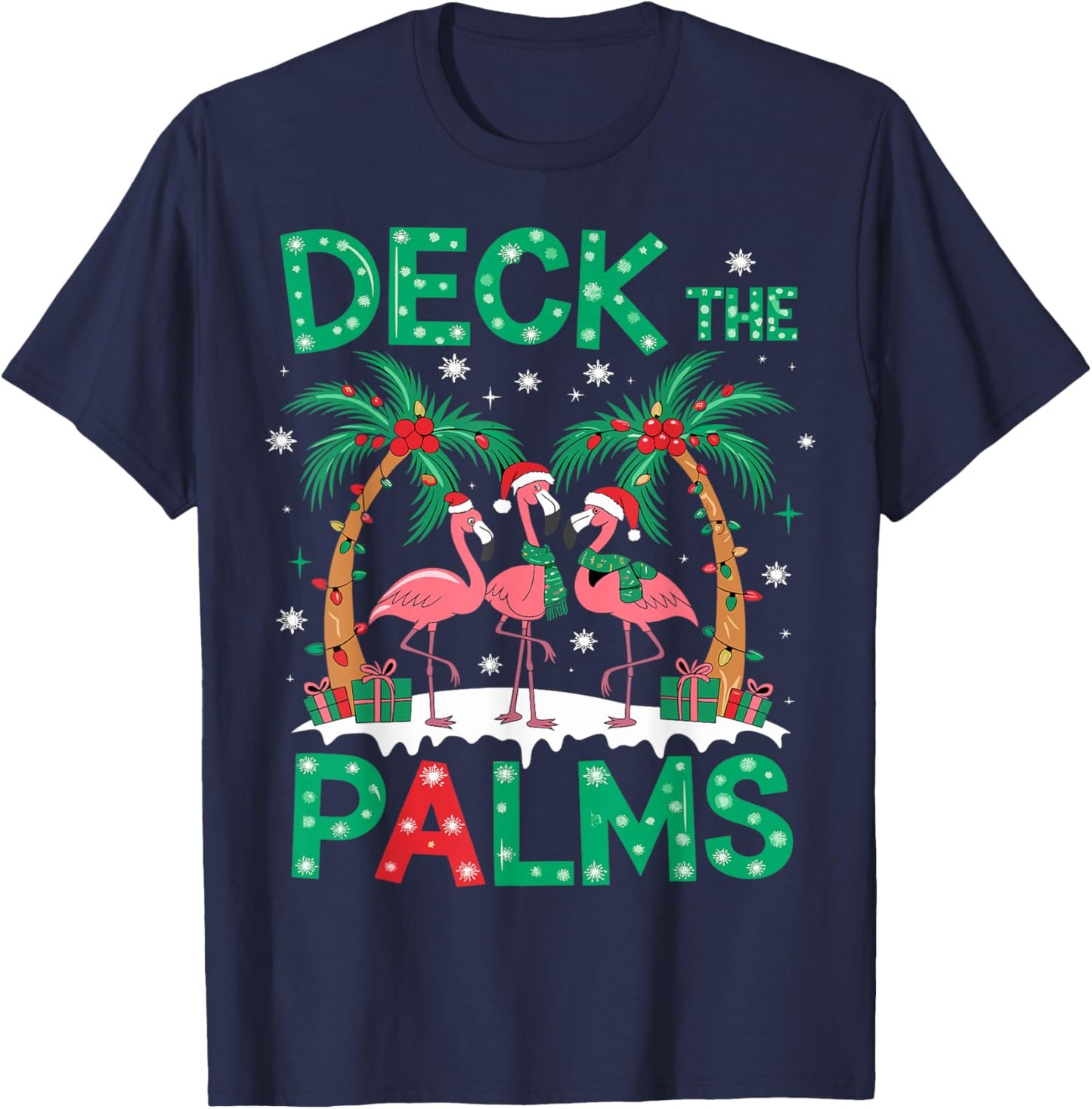 Deck the Palms Flamingo Tropical Christmas Lights Palm Tree T-Shirt - T-Shirt | Navy