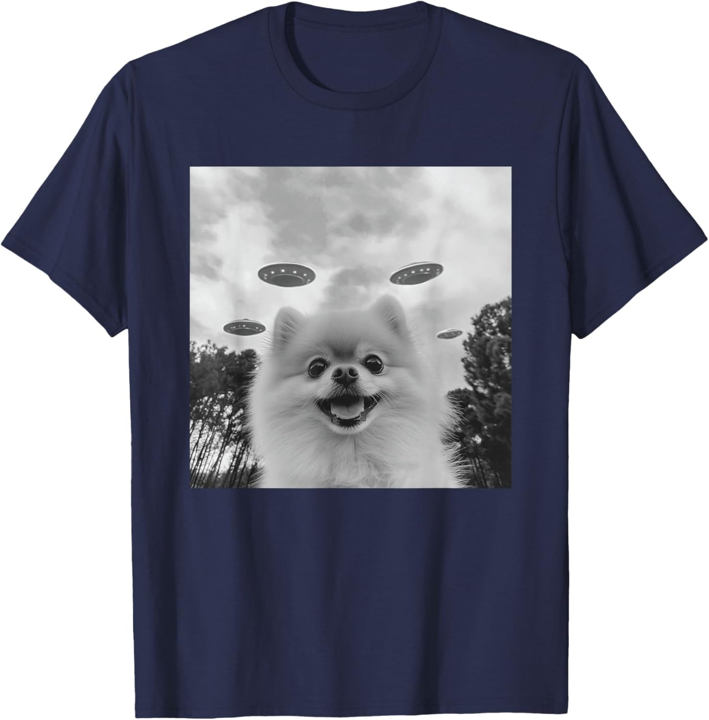Cute Pomeranian Dog Selfie With UFO UAP Invasion Alien T-Shirt - T-Shirt | Navy