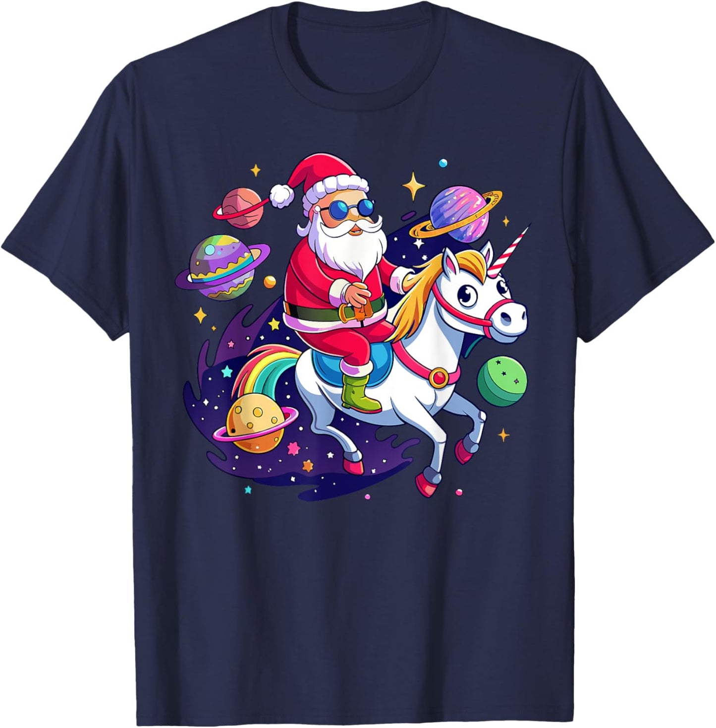 Christmas Santa Riding Unicorn Cute Xmas Holiday Girls Women T-Shirt - T-Shirt | Navy