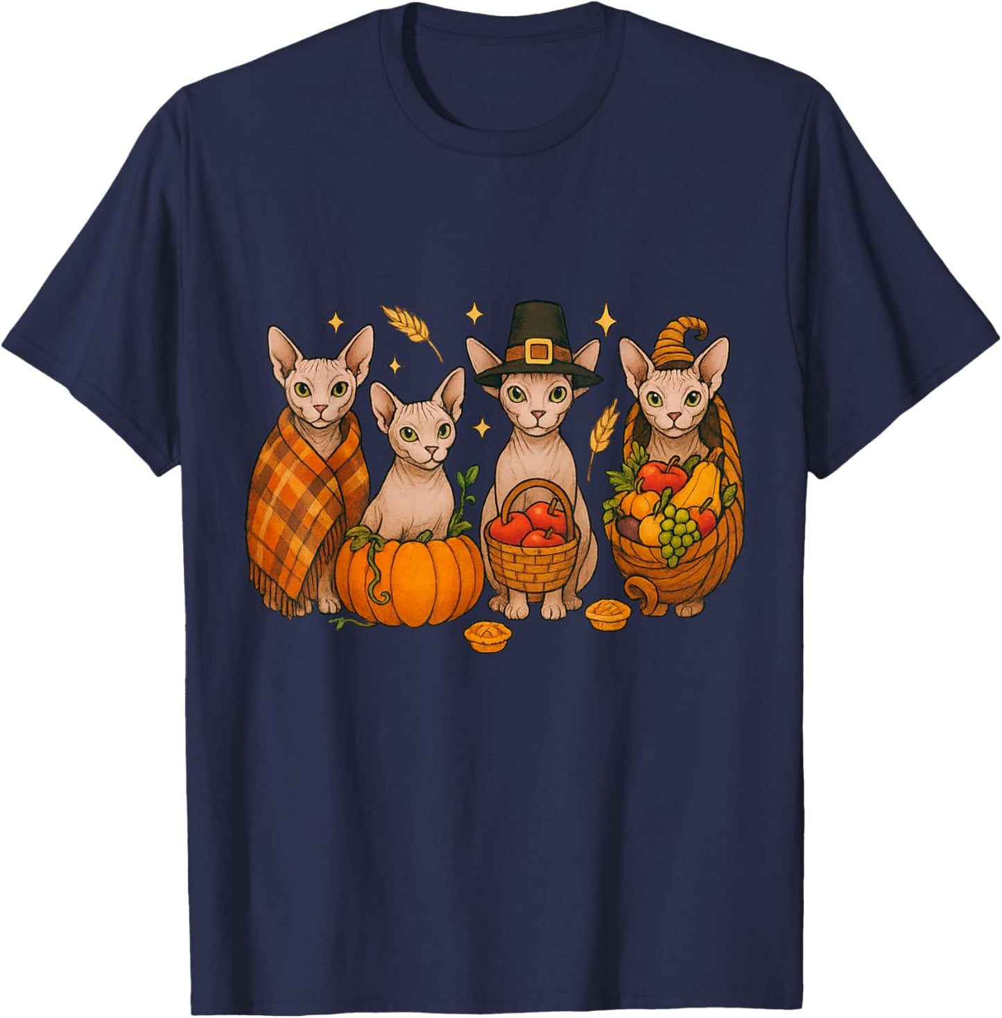Thanksgiving Sphynx Cat Autumn Harvest Cozy Fall Design T-Shirt - T-Shirt | Navy
