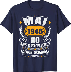 Vintage Mai 1946 Cadeau Anniversaire 80 Ans Hommes Femmes T-Shirt - T-Shirt | Navy