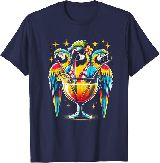 Parrots Drinking Margarita Tropical Birds Vacation Hawaiian T-Shirt - T-Shirt | Navy