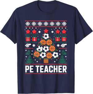PE Teacher Christmas Tree Ugly Christmas Sweater Xmas T-Shirt - T-Shirt | Navy