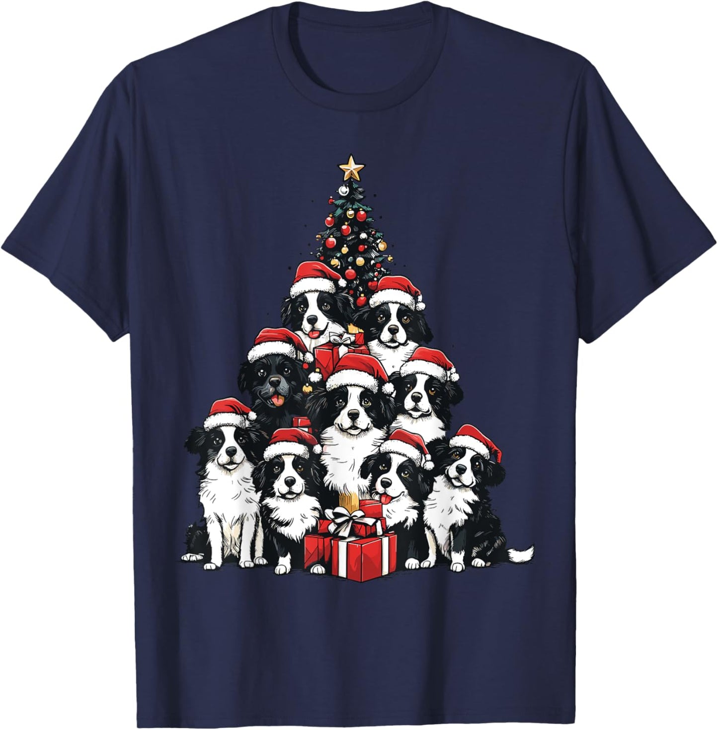 Border Collie Santa Christmas Tree Xmas Dog Lover Pajama T-Shirt - T-Shirt | Navy