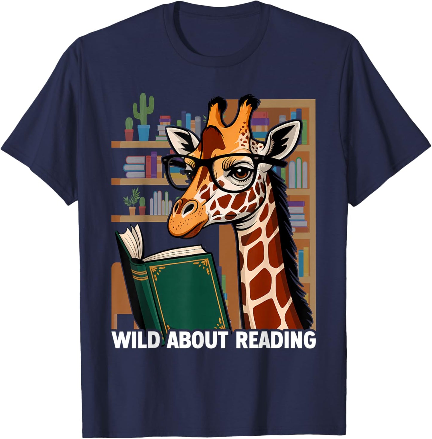 Giraffe Reading Book Eyeglasses Animals Teachers Zoo T-Shirt - T-Shirt | Navy