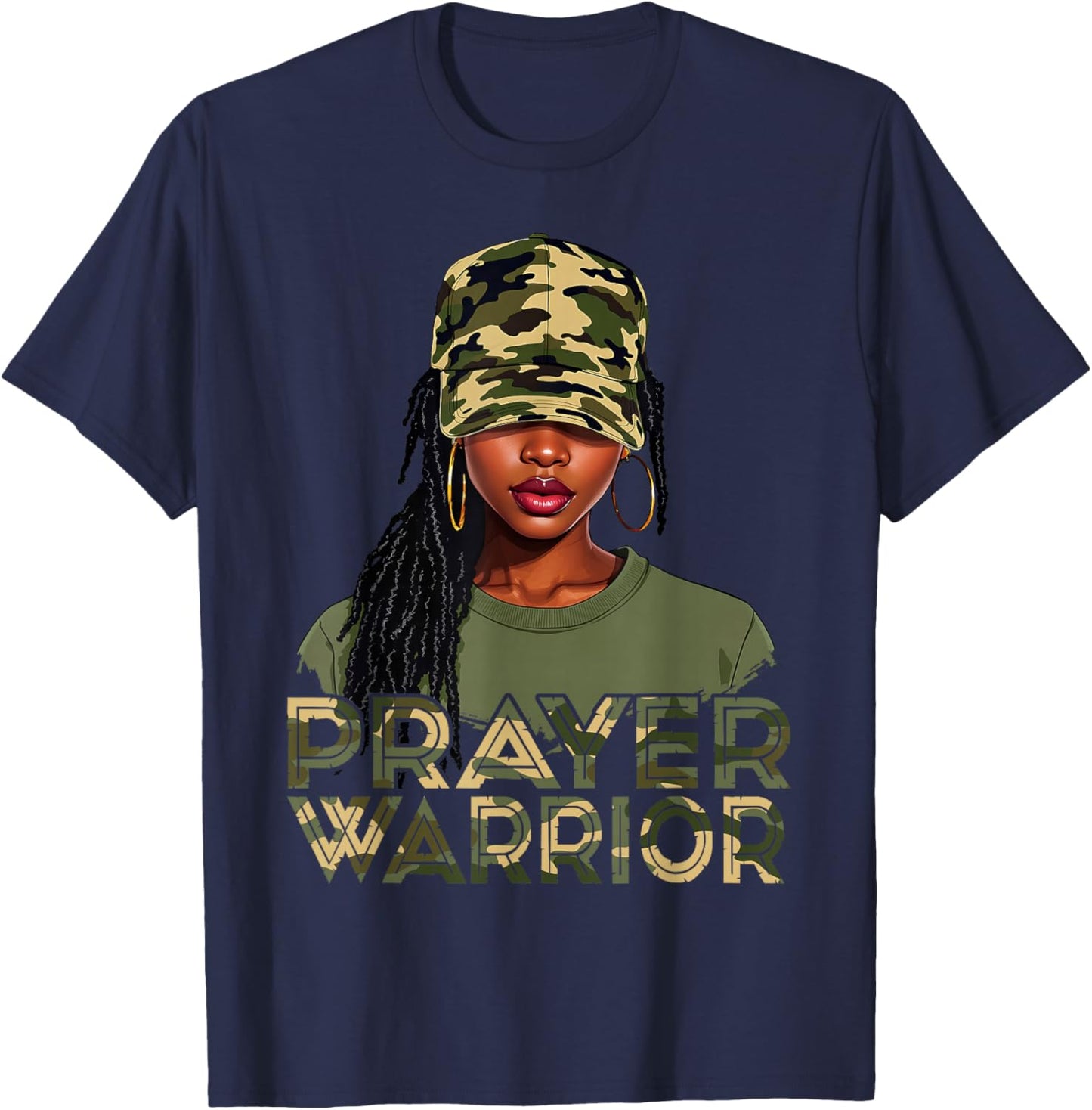 Camo Hat Prayer Warrior God Jesus Christian Black Girl Women T-Shirt - T-Shirt | Navy
