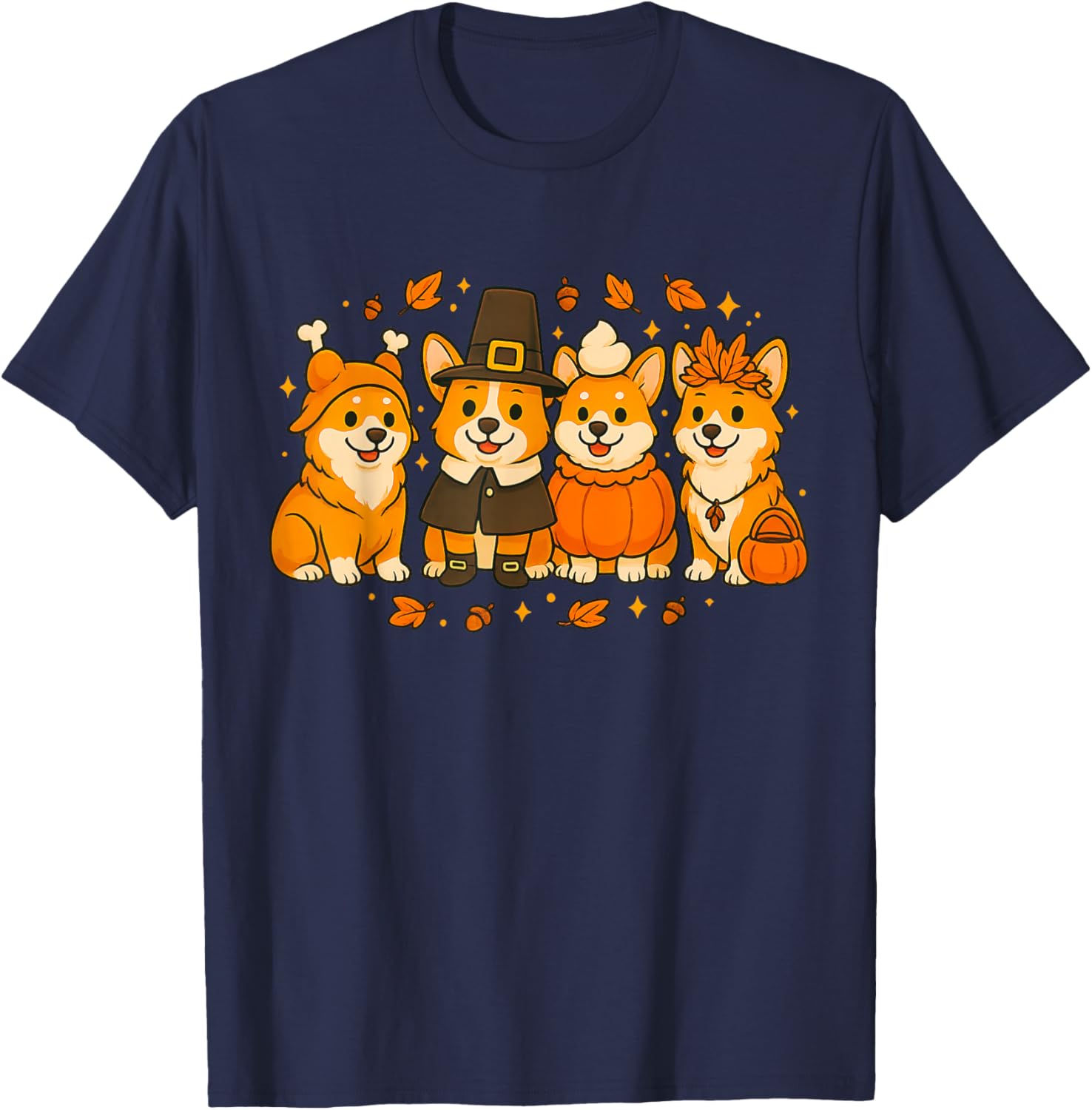 Thanksgiving Corgi Dogs Fall Autumn Graphic T-Shirt - T-Shirt | Navy