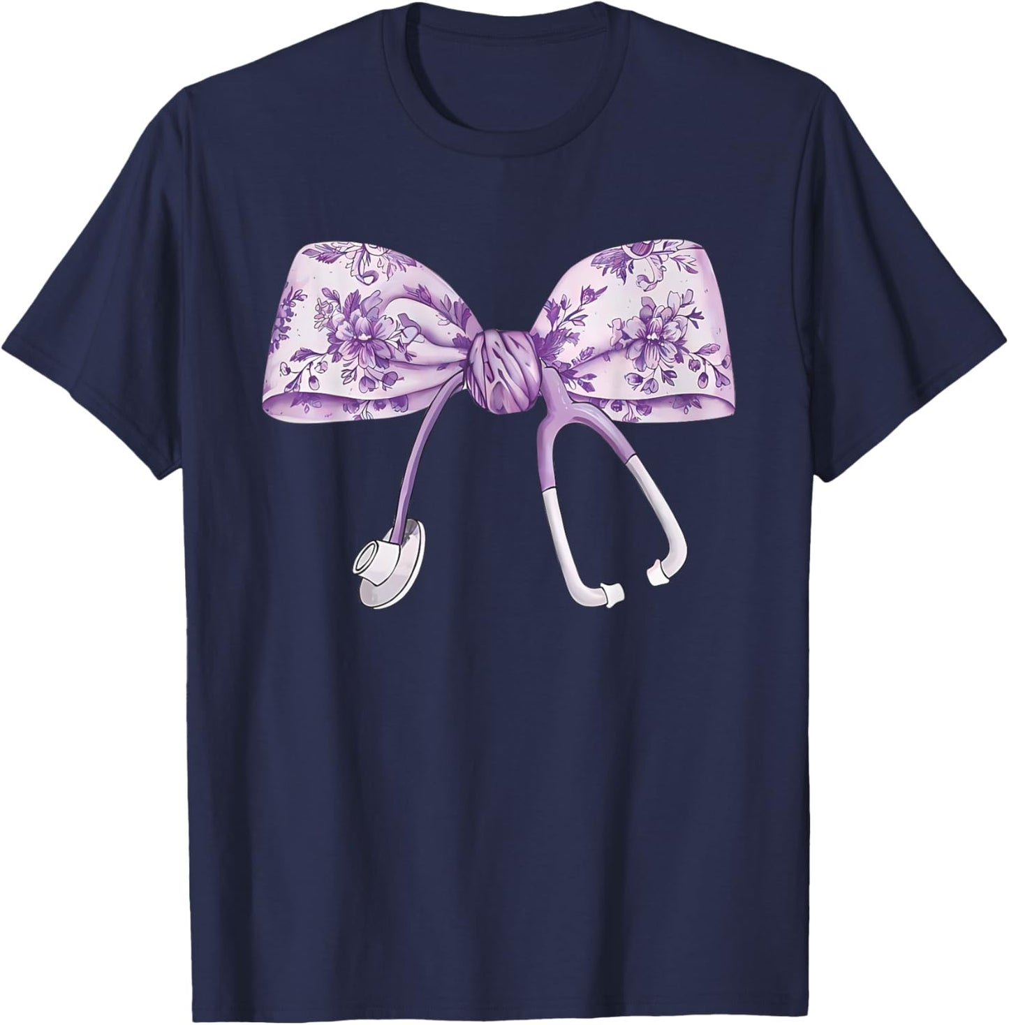 Cute Floral purple Coquette Bow Stethoscope Nurse Doctor T-Shirt - T-Shirt | Navy