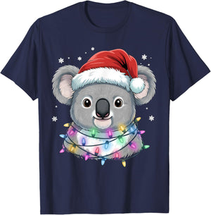 Christmas Lights Koala Santa Hat Cute Xmas Pajamas T-Shirt - T-Shirt | Navy