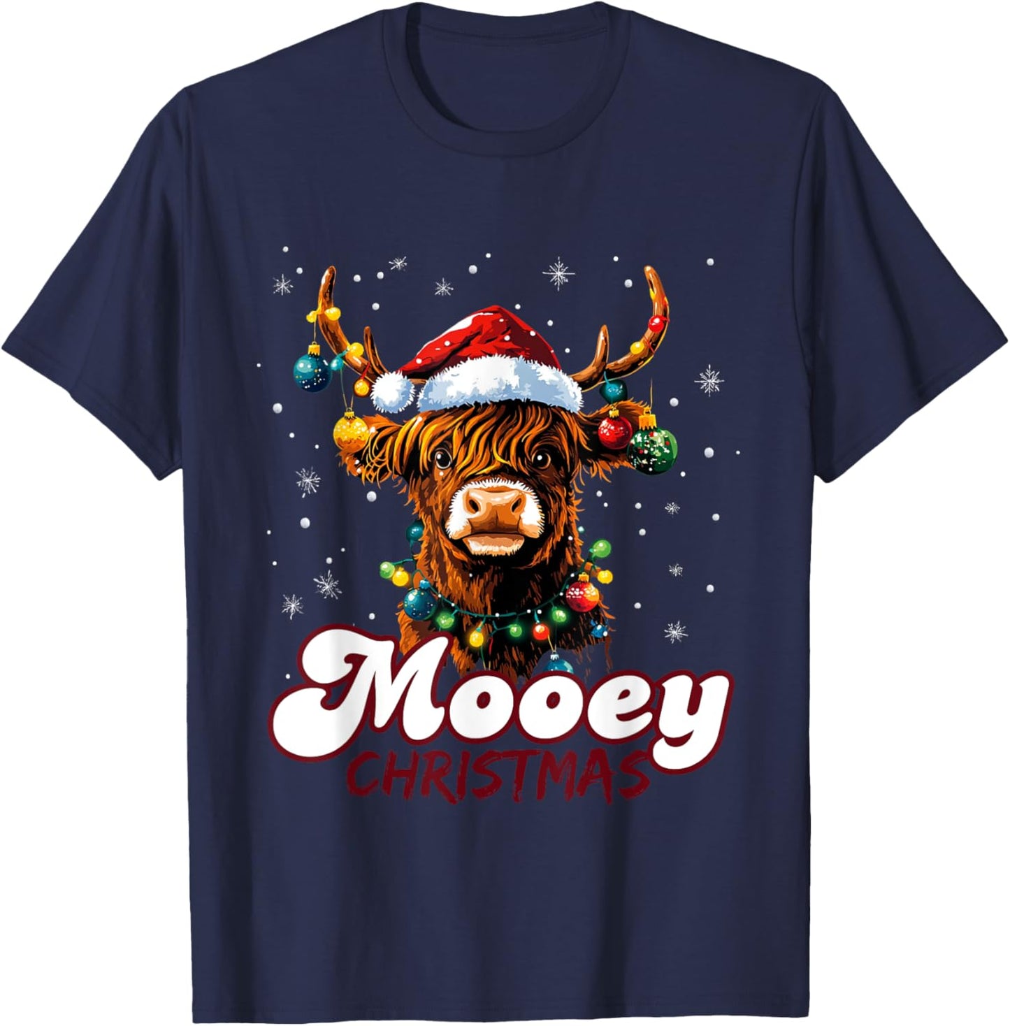 Mooey Christmas Highland Cow with Santa Hat and Xmas Lights T-Shirt - T-Shirt | Navy