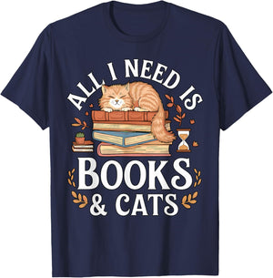 All I Need is Books and Cats Reading T-Shirt - T-Shirt | Navy