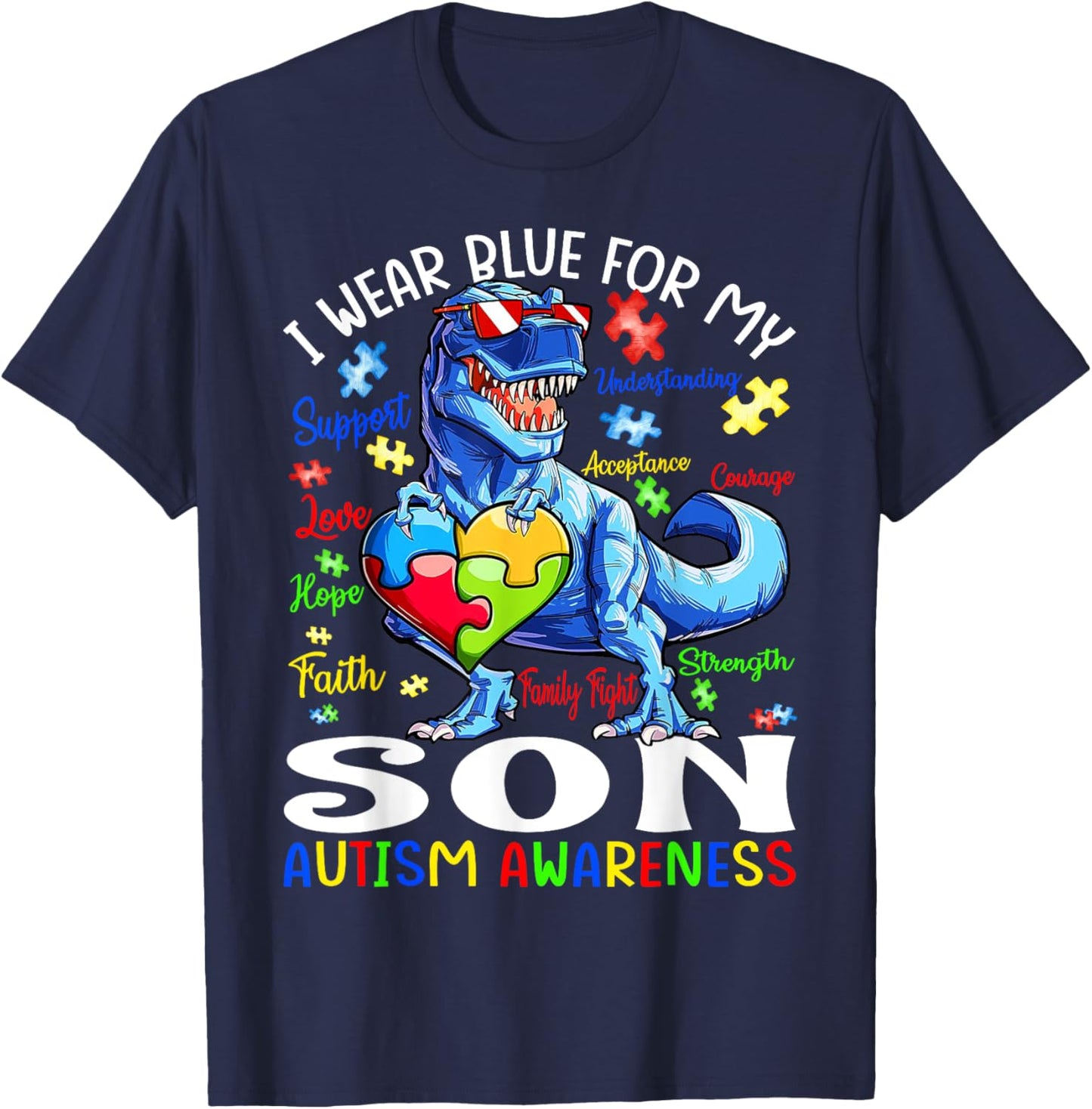 I Wear Blue For My Son Autism Awareness T Rex T-Shirt - T-Shirt | Navy