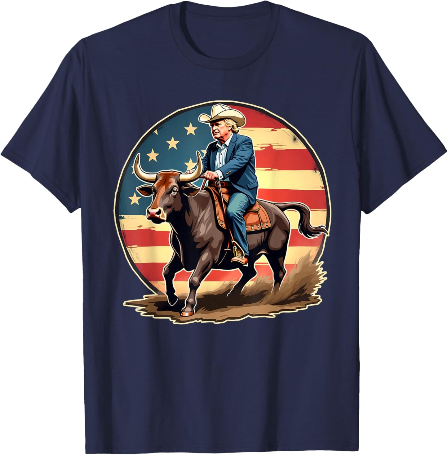 Trump Bull Rider American Flag USA Riding Rodeo Cowboy T-Shirt - T-Shirt | Navy