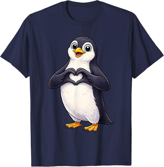 Penguin with Heart | Cute Tailcoat Carrier with Heart Symbol T-Shirt - T-Shirt | Navy