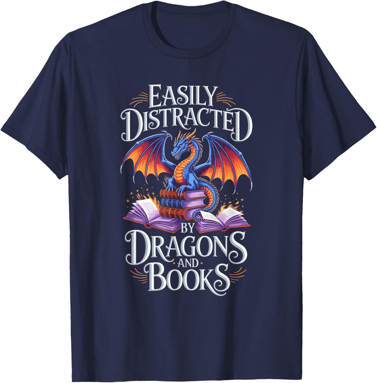 Easily Distracted By Dragons And Books T-Shirt - T-Shirt | Navy