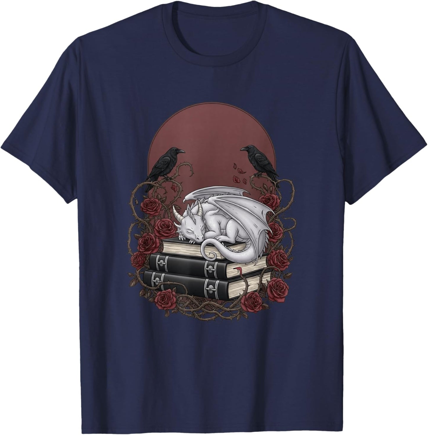 Schlafender weißer Drache auf Büchern mit Raben und Rosen T-Shirt - T-Shirt | Navy