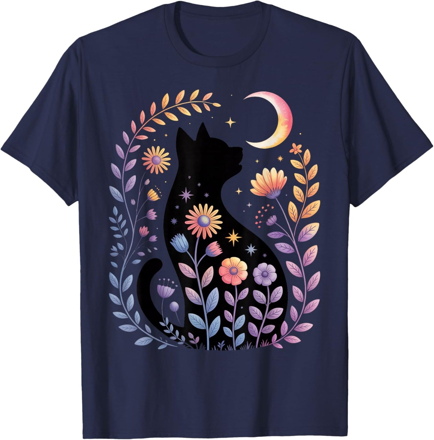 Midnight Cat and Crescent - Enchanted Lunar Garden Scene T-Shirt - T-Shirt | Navy
