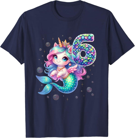 Unicorn Mermaid 6th Birthday 6 Year Old Party Girls Outfit T-Shirt - T-Shirt | Navy