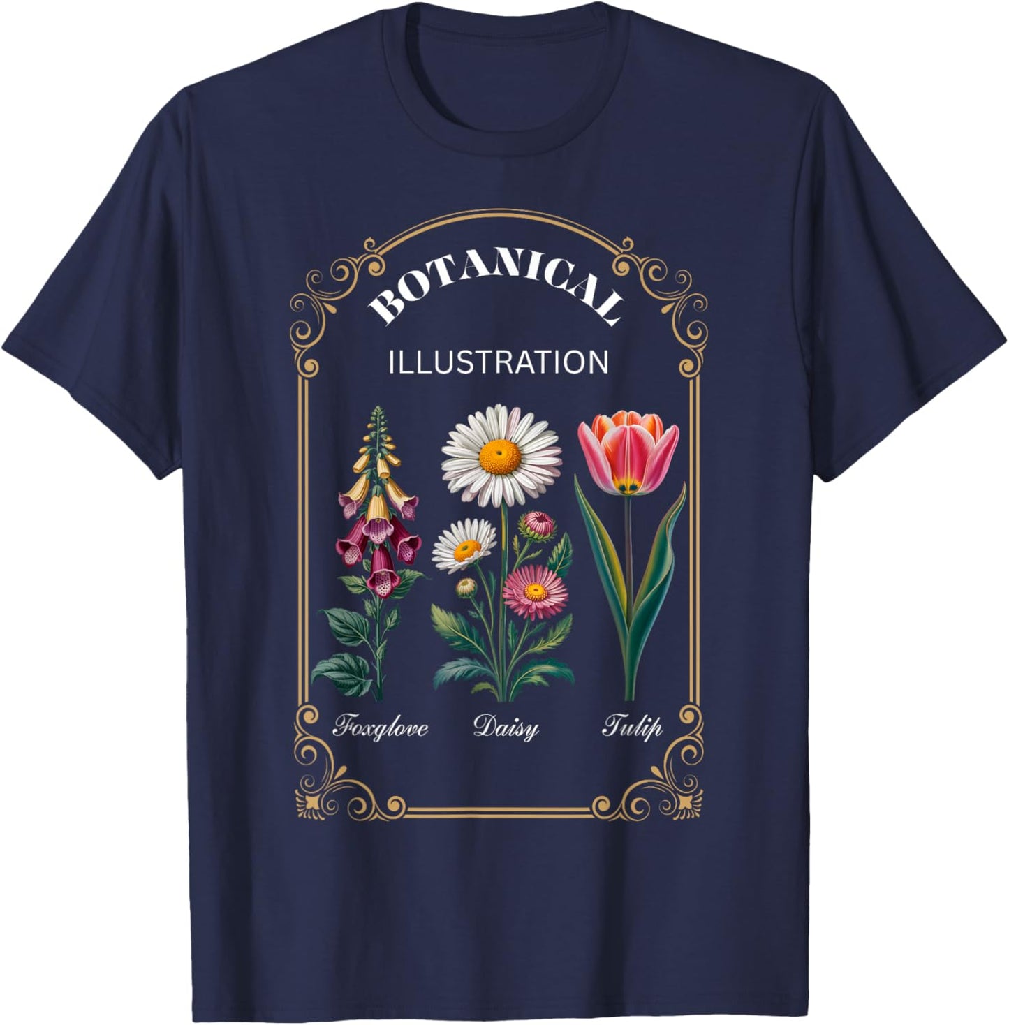 Foxglove Daisy Tulip Vintage Flower Arrangement T-Shirt - T-Shirt | Navy