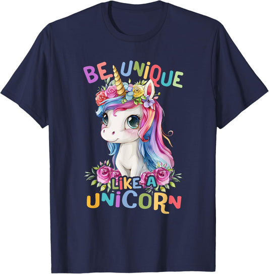 Baby Unicorn with Flowers Be Unique Like Nicorns Daughter T-Shirt - T-Shirt | Navy