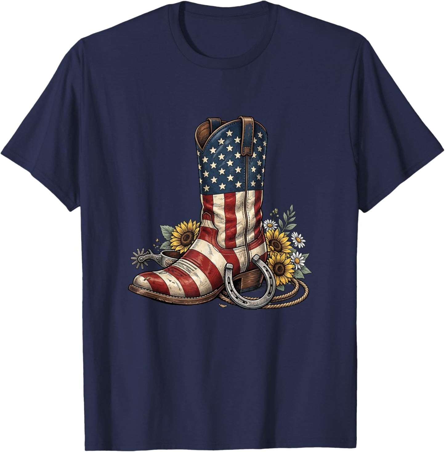 Western Cowboy Boot Sunflower American Flag 4th of July T-Shirt - T-Shirt | Navy