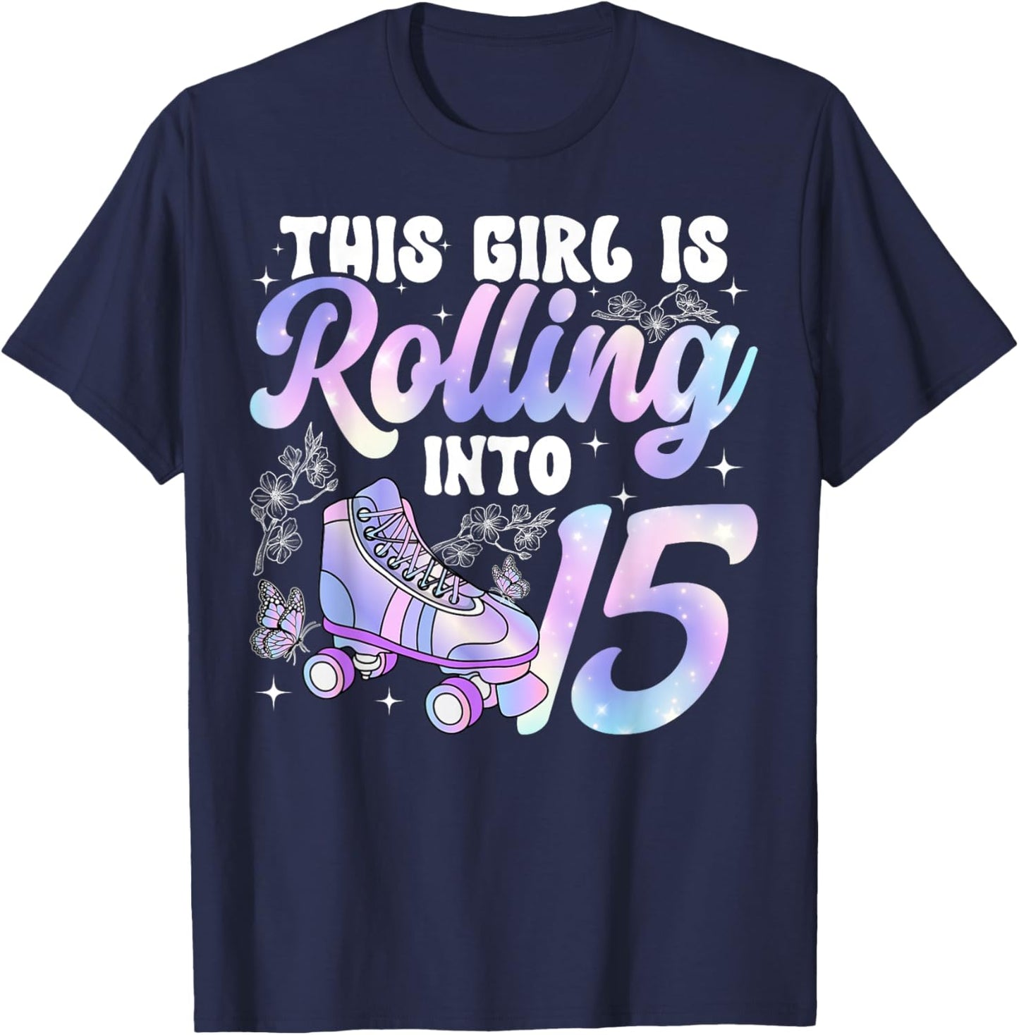 15th Roller Skating Birthday Fifteen Year Old Roller Skater T-Shirt - T-Shirt | Navy