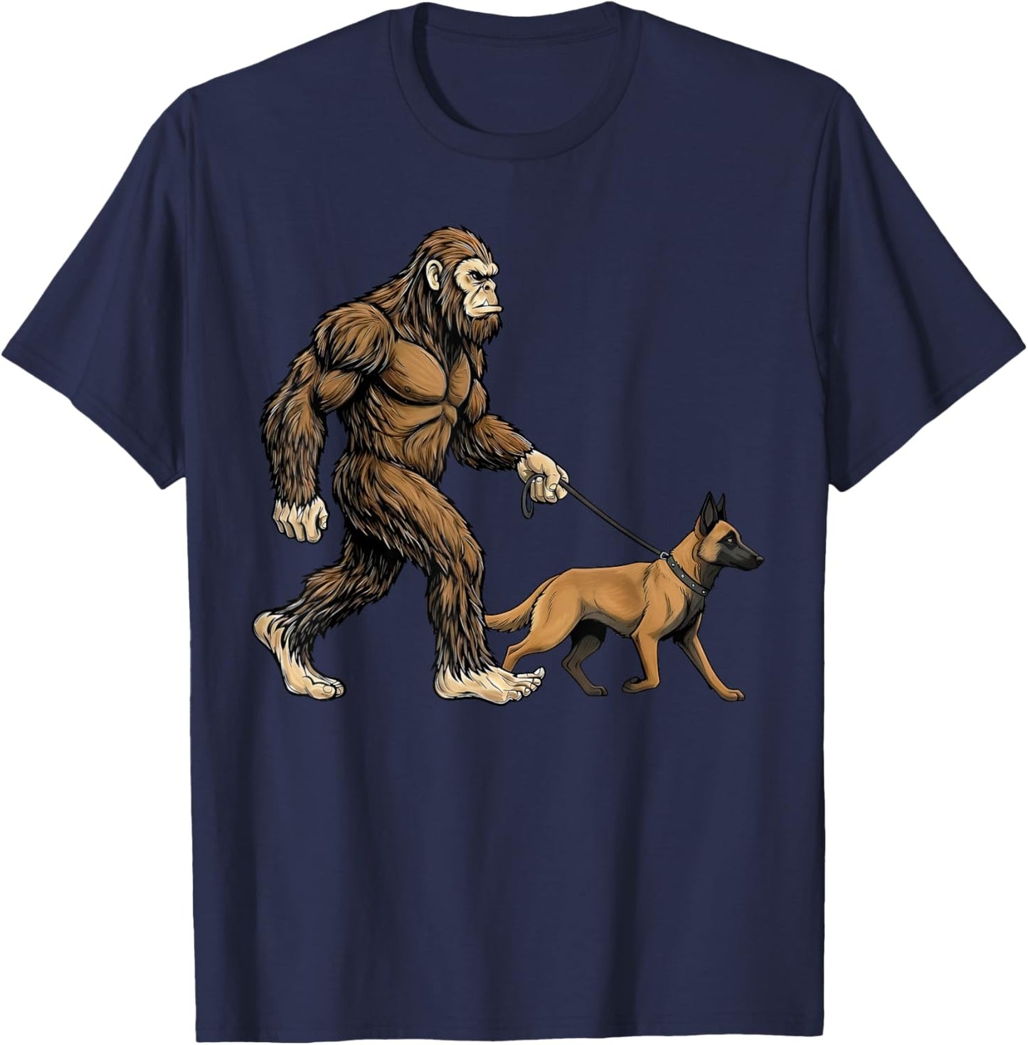 Bigfoot Walking Belgian Malinois Dog Funny Sasquatch T-Shirt - T-Shirt | Navy