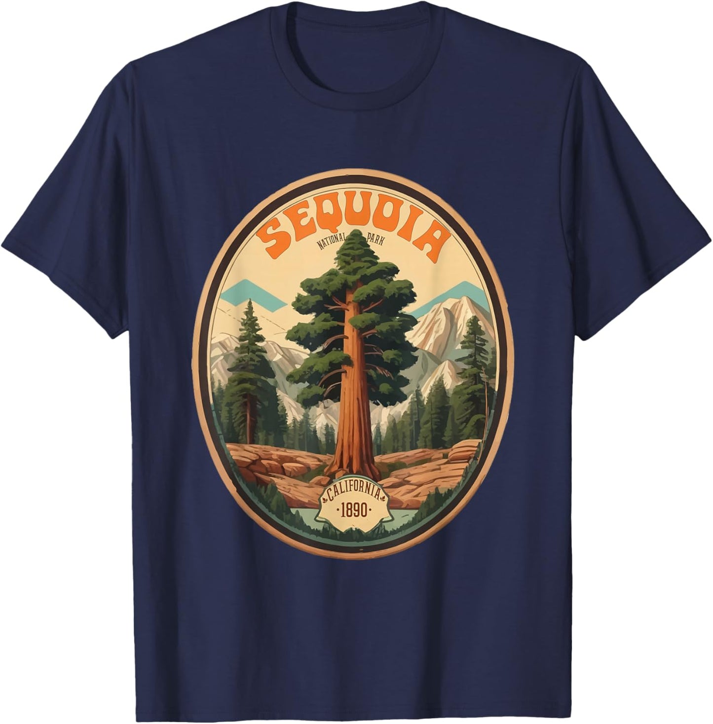Sequoia National Park Tree Illustration Hiking Retro Badge T-Shirt - T-Shirt | Navy