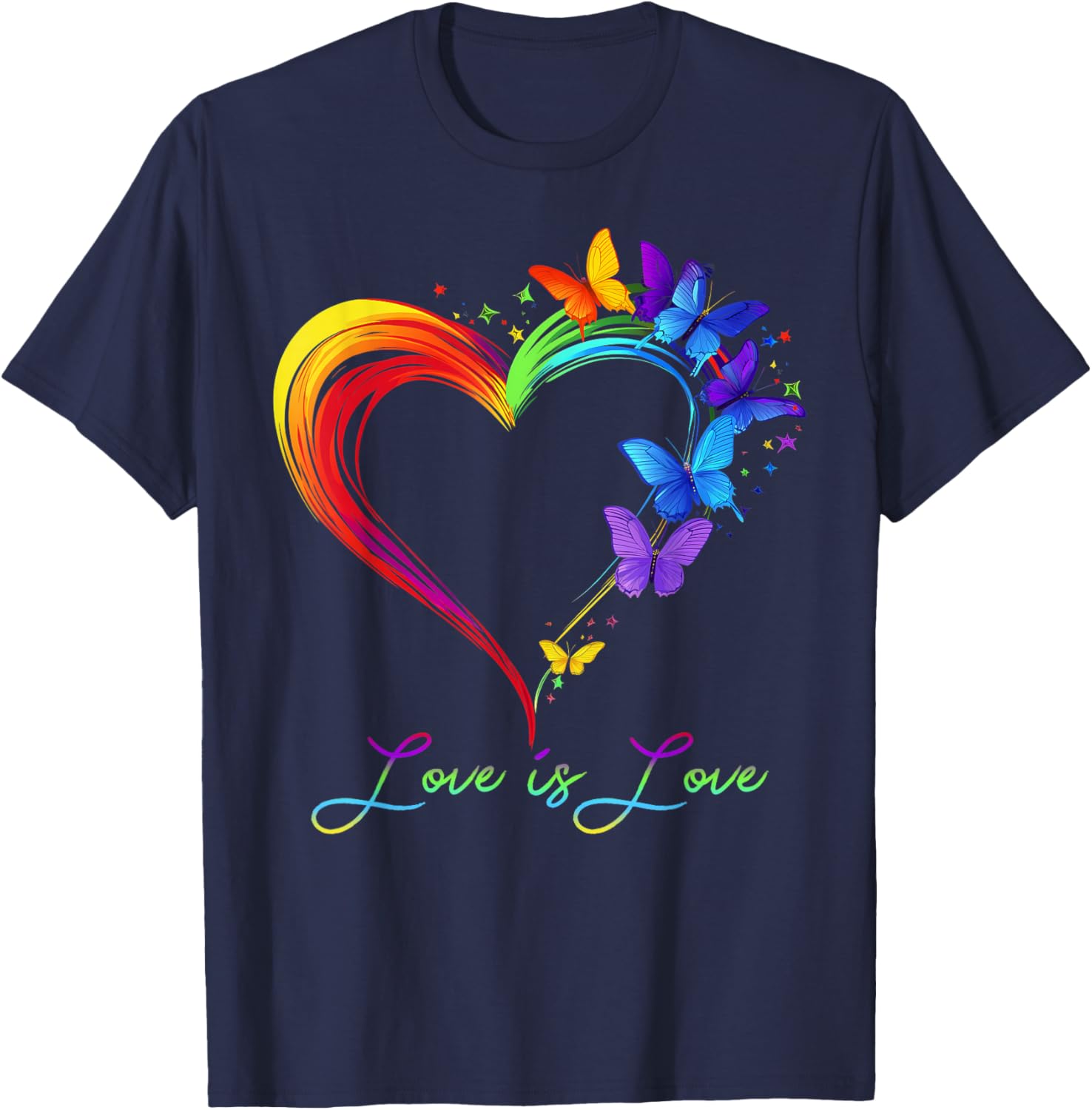 Rainbow Love is Love LGBT Gay Lesbian Pride Butterfly Heart T-Shirt - T-Shirt | Navy