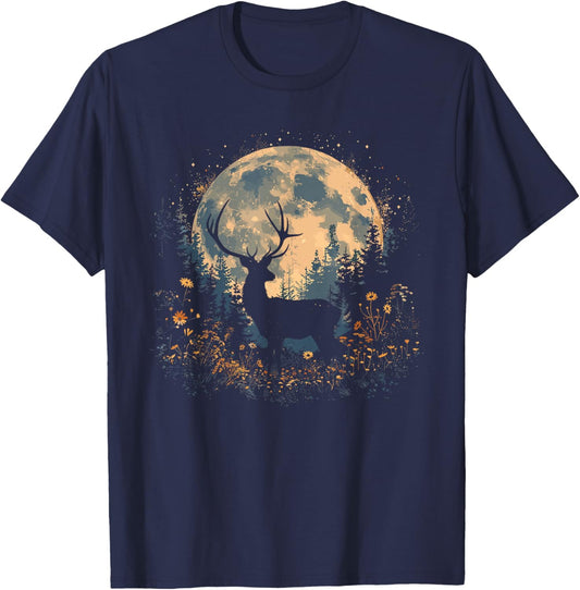 Deer Floral Full Moon Whitetail Buck Deer Flowers T-Shirt - T-Shirt | Navy