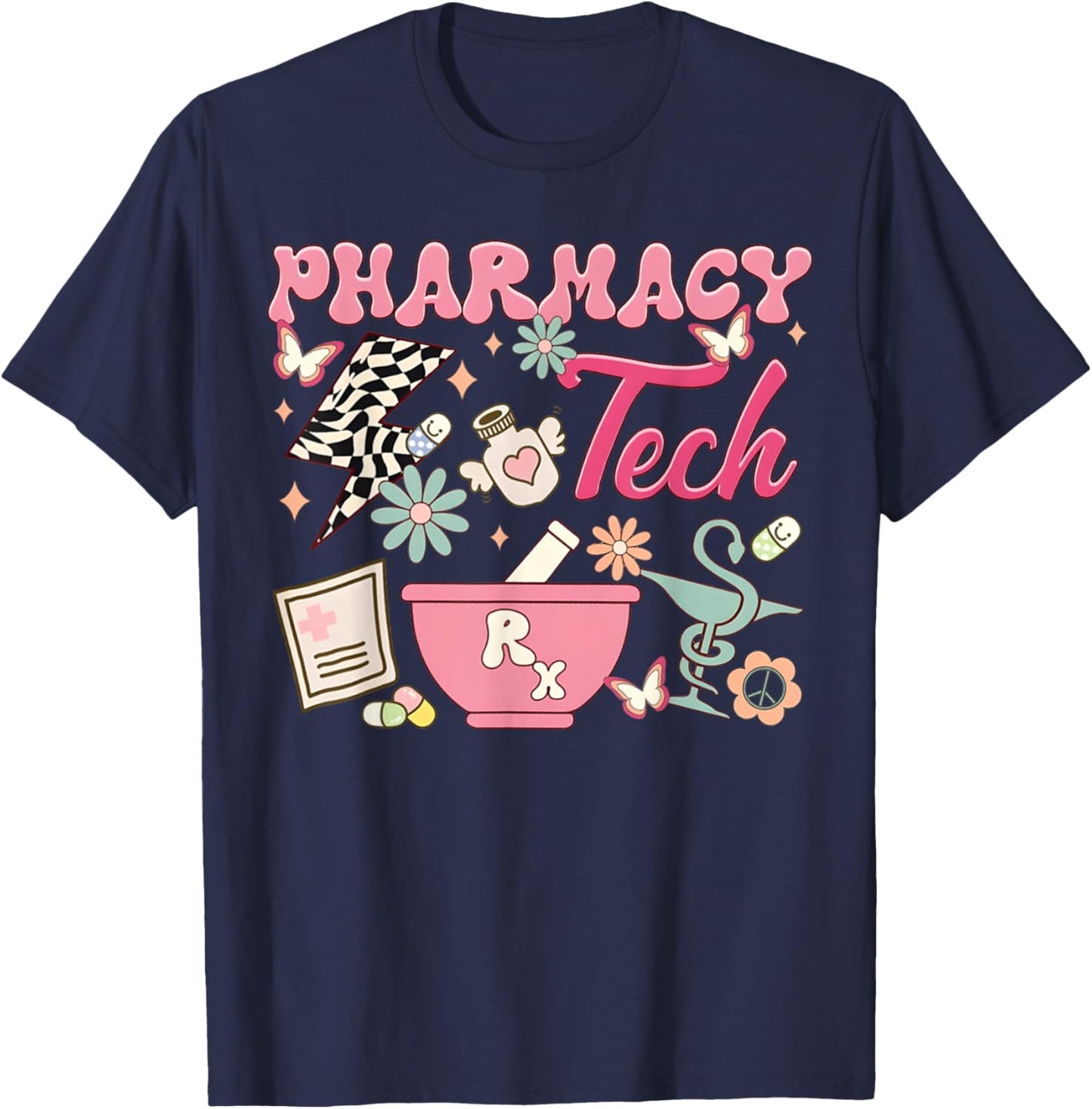 Vintage Pharmacy Tech Technician Pharmacist Student Flower T-Shirt - T-Shirt | Navy