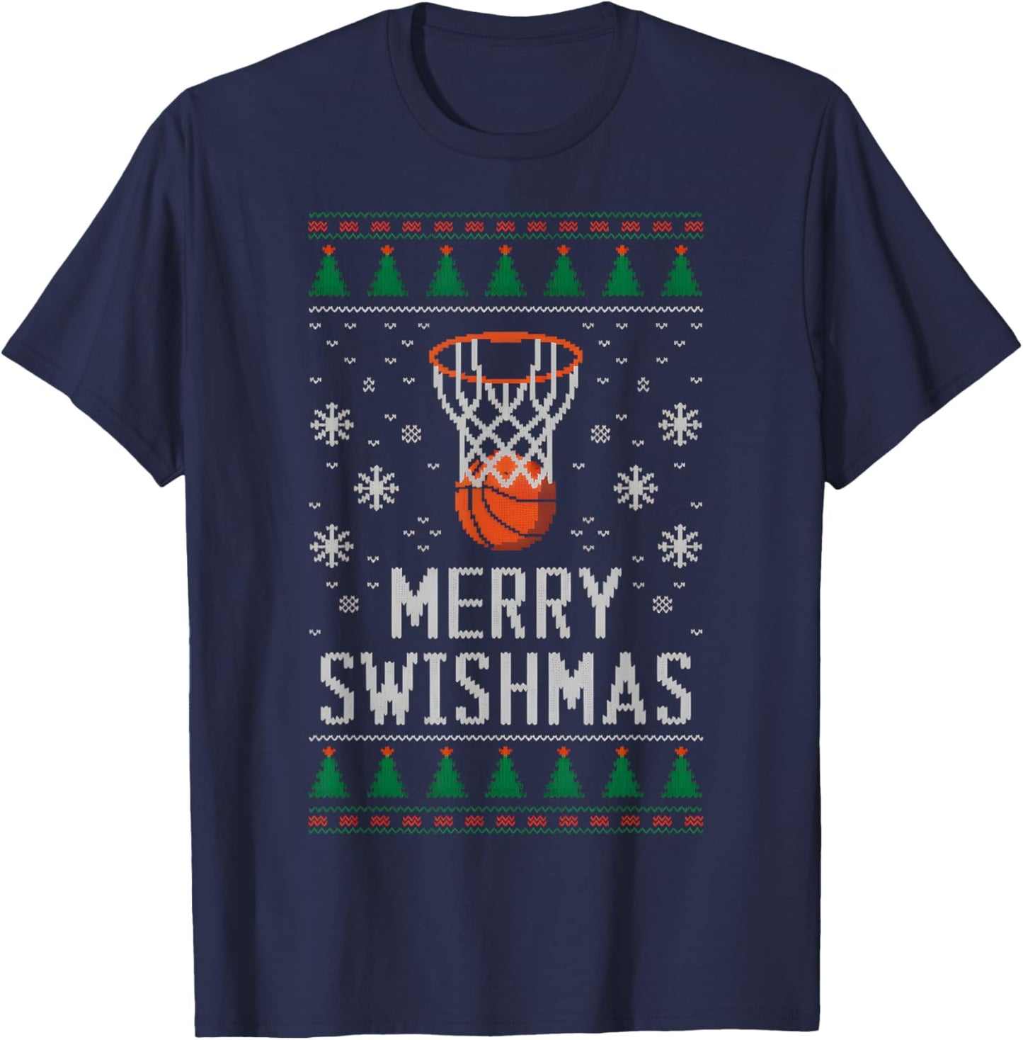 Merry Swishmas X-Mas Basketball Ugly Christmas Sweater Style T-Shirt - T-Shirt | Navy