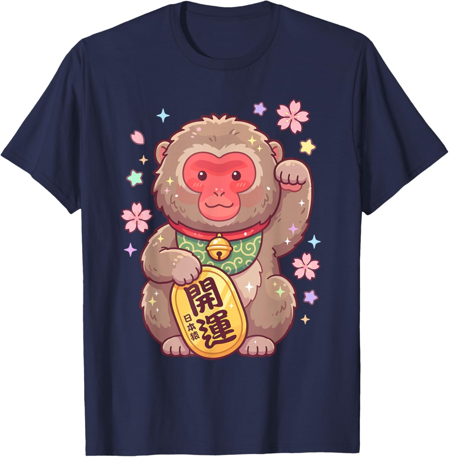 Kawaii Snow Monkey Japanese Macaque Maneki Neko Fortune T-Shirt - T-Shirt | Navy