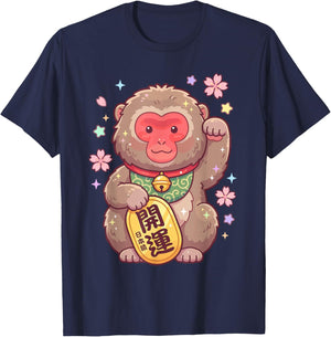 Kawaii Snow Monkey Japanese Macaque Maneki Neko Fortune T-Shirt - T-Shirt | Navy