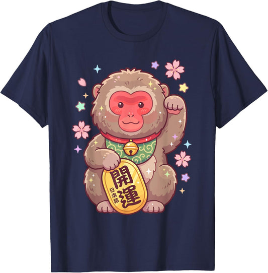 Kawaii Snow Monkey Japanese Macaque Maneki Neko Fortune T-Shirt - T-Shirt | Navy
