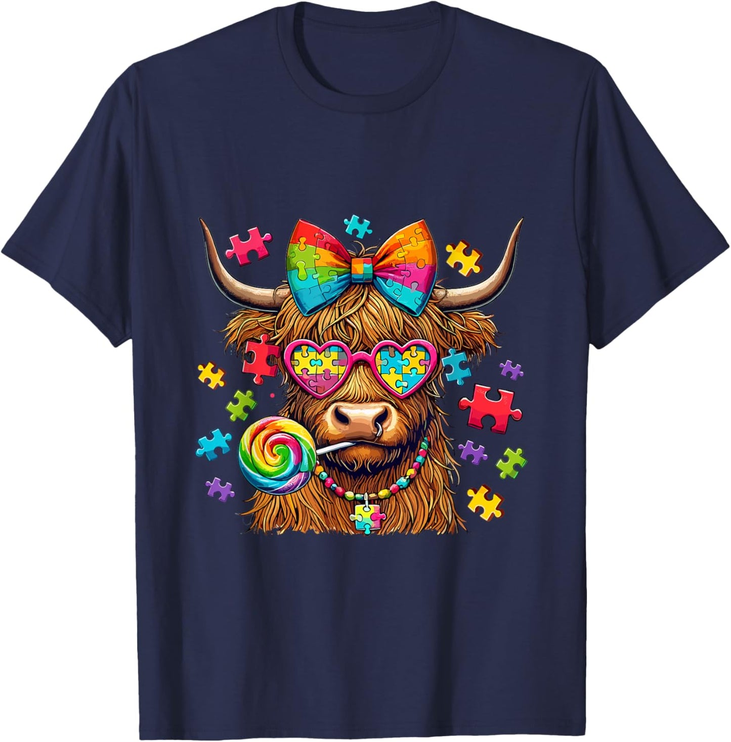 Autism Highland Cow Autism Awareness T-Shirt - T-Shirt | Navy