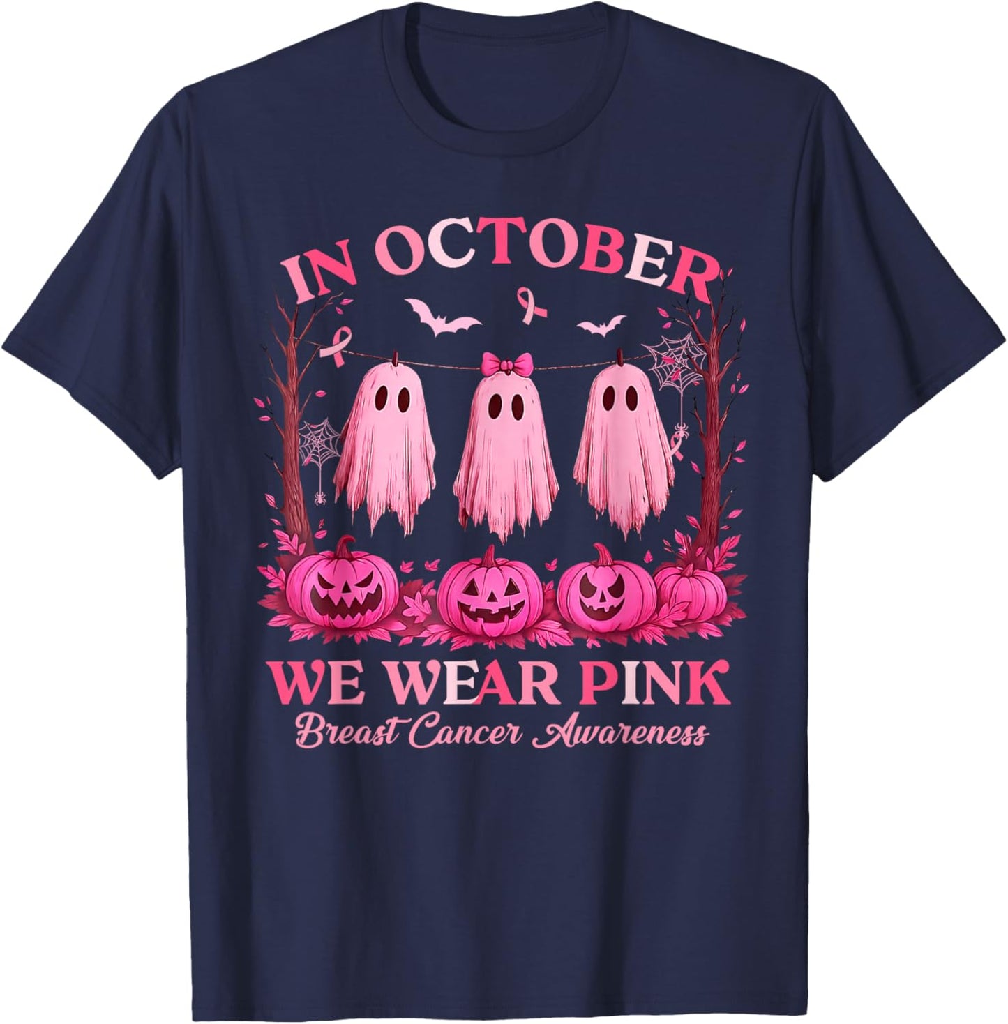 Breast Cancer Women Halloween in October We Wear Pink Witch T-Shirt - T-Shirt | Navy
