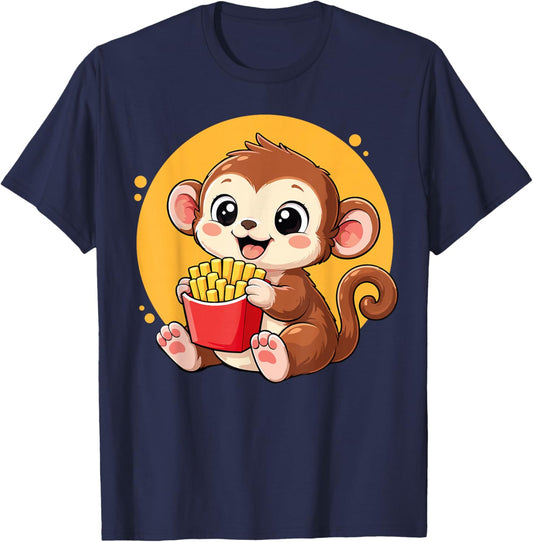 Monkey Eating Fries Funny Kawaii Animal Food Lover T-Shirt - T-Shirt | Navy