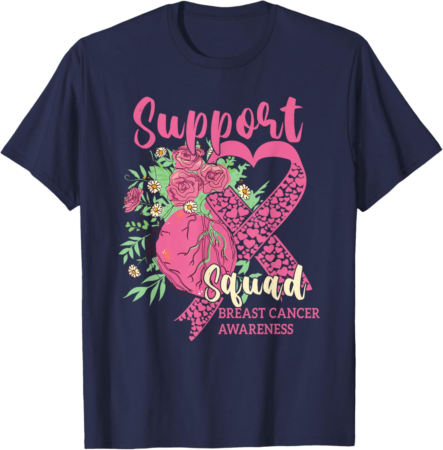 Breast Cancer Awareness Cute Heart Pink Ribbon Support Squad T-Shirt - T-Shirt | Navy