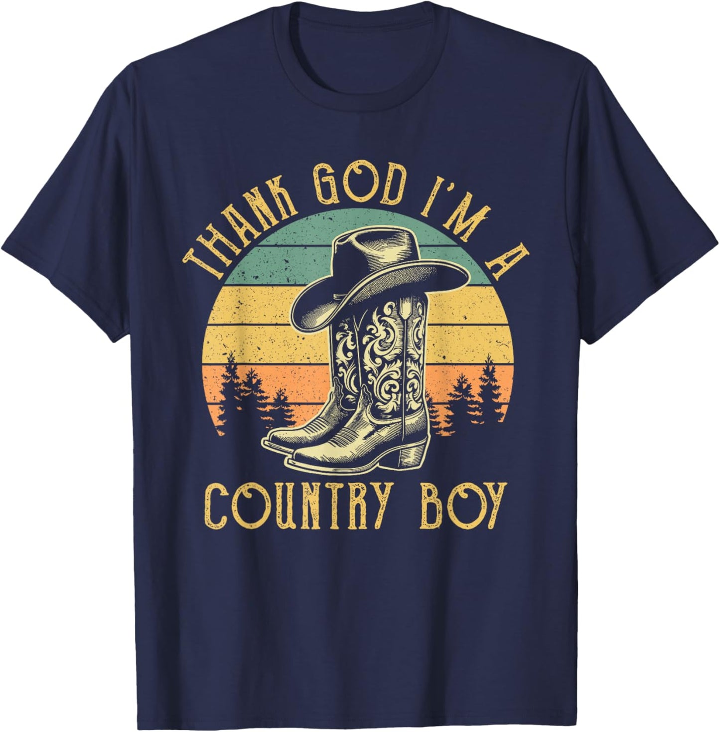 Thank God I'm A Country Music Boy Cowboy Western Retro T-Shirt - T-Shirt | Navy