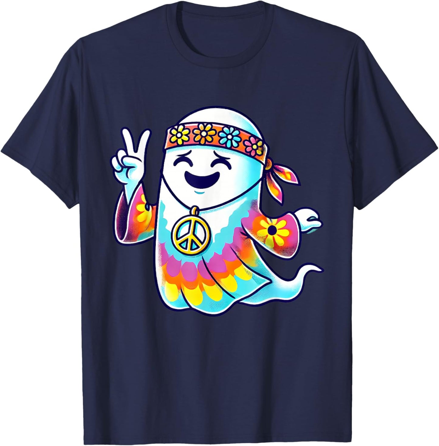 Hippie Ghost Tie Dye Flowers Halloween Men Women Kids T-Shirt - T-Shirt | Navy