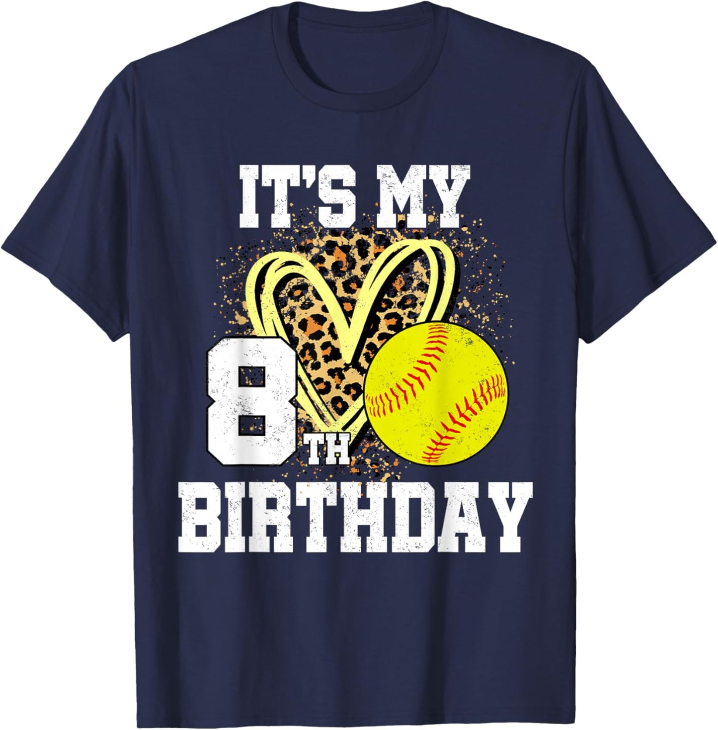 It's My 8th Birthday Softball Leopard 8 Year Old Birthday T-Shirt - T-Shirt | Navy