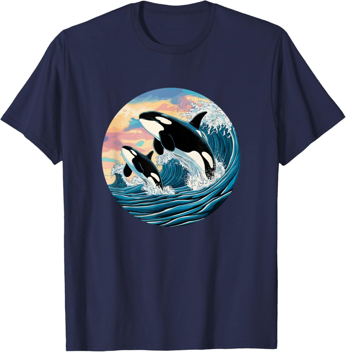 Orca Wave Ocean Sunset Marine Life Fan Outfit Kids Black Small Modern Cartoon Orca Jumping Waves Ocean Sunset Marine Life Enthusiast T-Shirt - T-Shirt | Navy