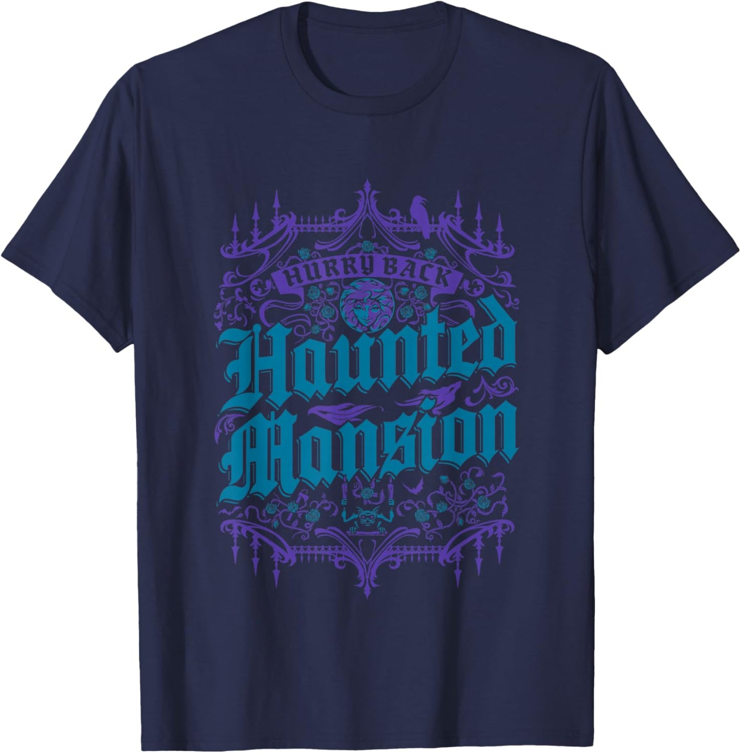 The Haunted Mansion Hurry Back Gothic Pattern Chest Poster T-Shirt - T-Shirt | Navy