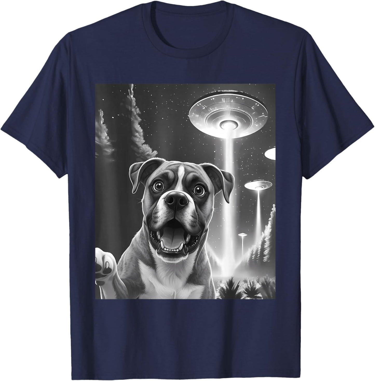 Funny Boxer Alien UFO Taking a Selfie Animal Lover Retro T-Shirt - T-Shirt | Navy