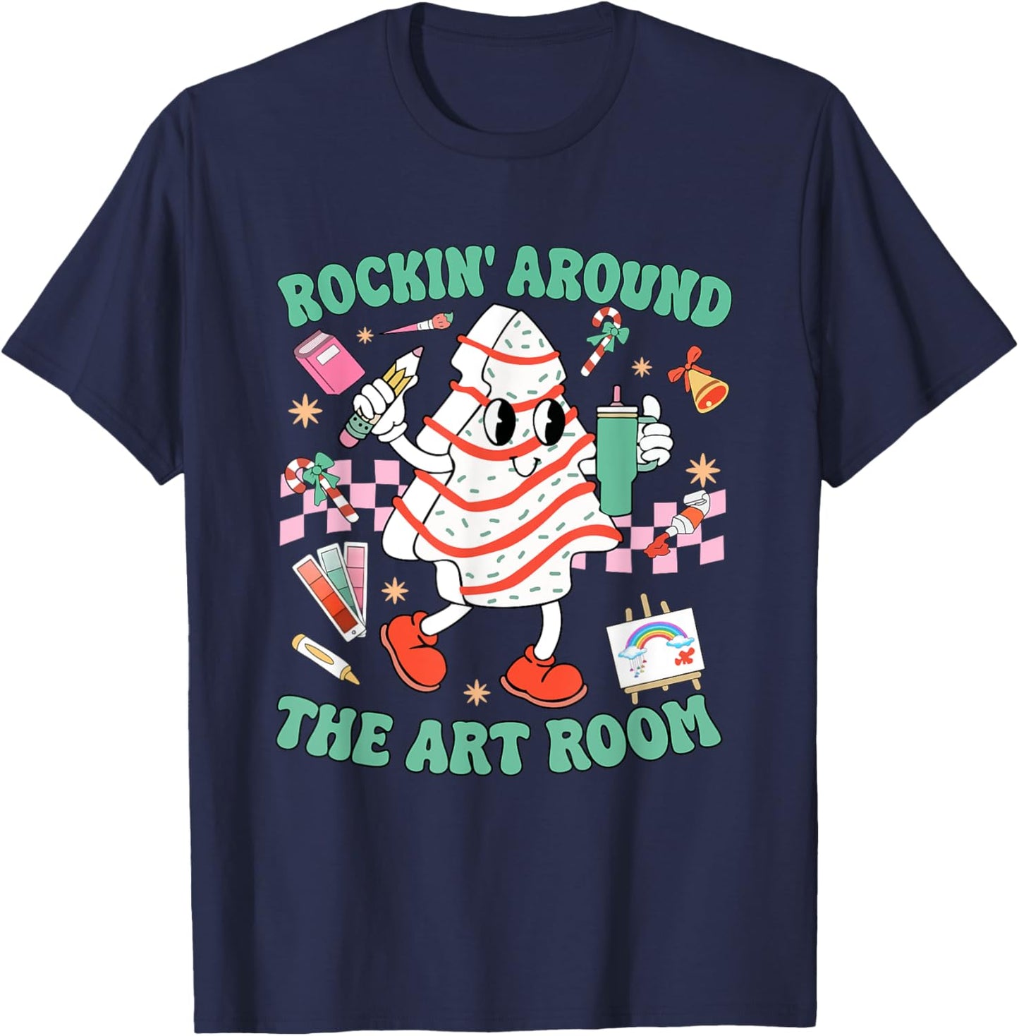 Rocking Around The Art Room Retro Christmas Art Teacher T-Shirt - T-Shirt | Navy