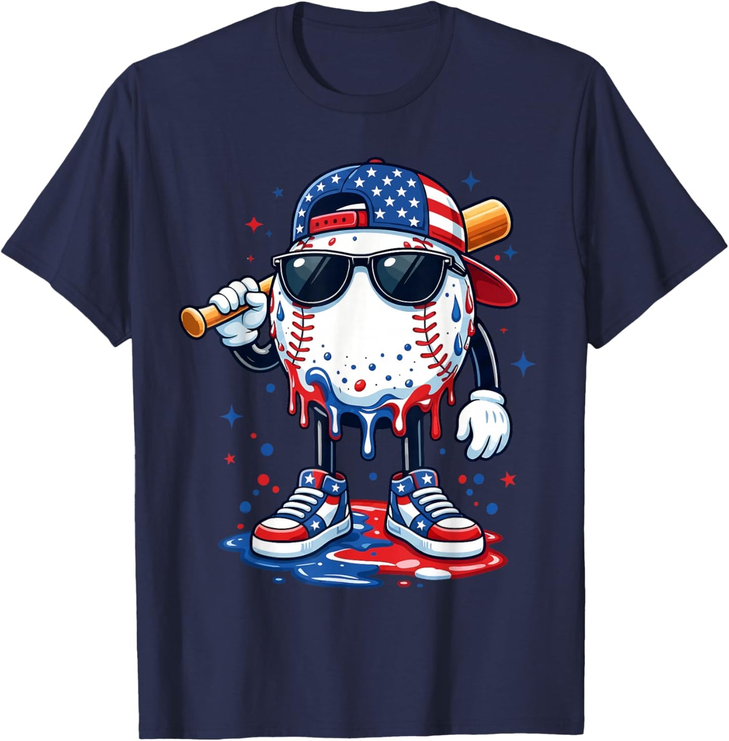 Baseball Drip Ice Cream 4th of July American USA Flag Boys T-Shirt - T-Shirt | Navy