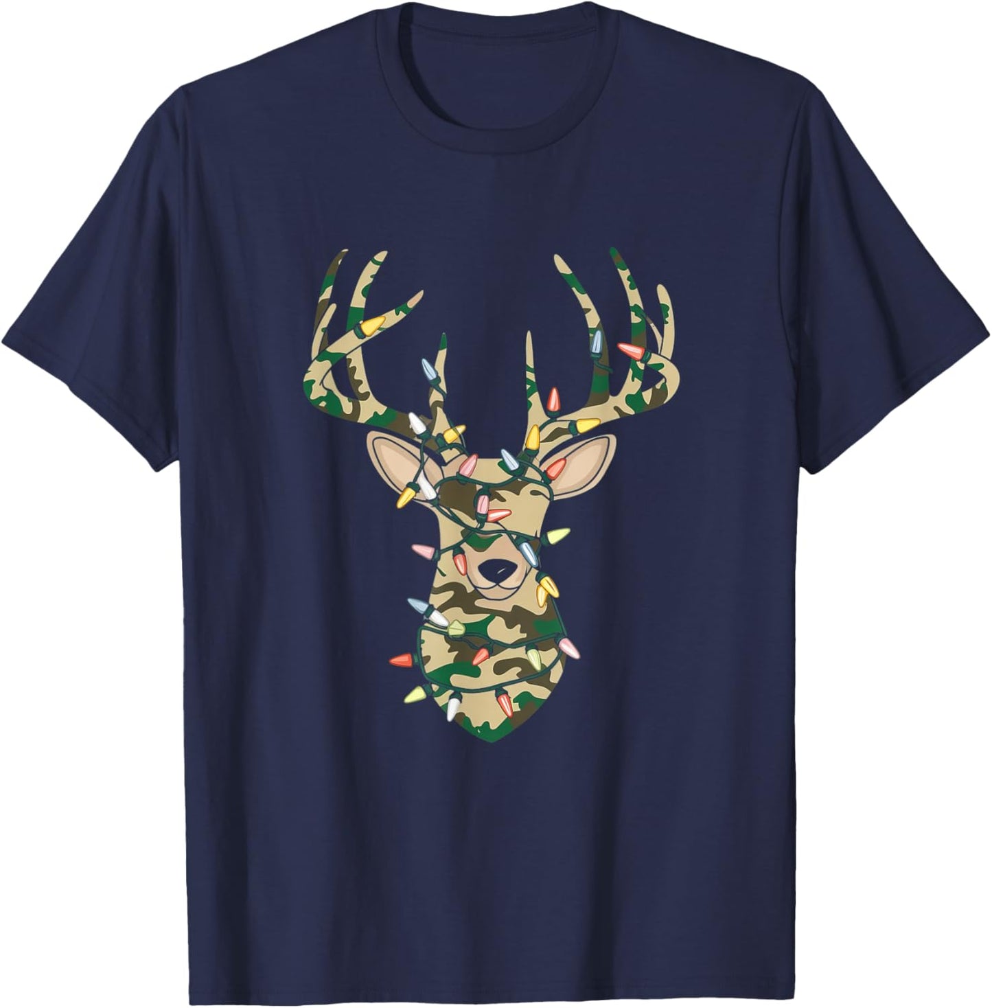 Christmas Camo Holiday Hunting Reindeer Deer Xmas Lights T-Shirt - T-Shirt | Navy