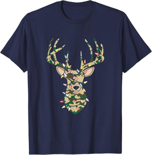 Christmas Camo Holiday Hunting Reindeer Deer Xmas Lights T-Shirt - T-Shirt | Navy
