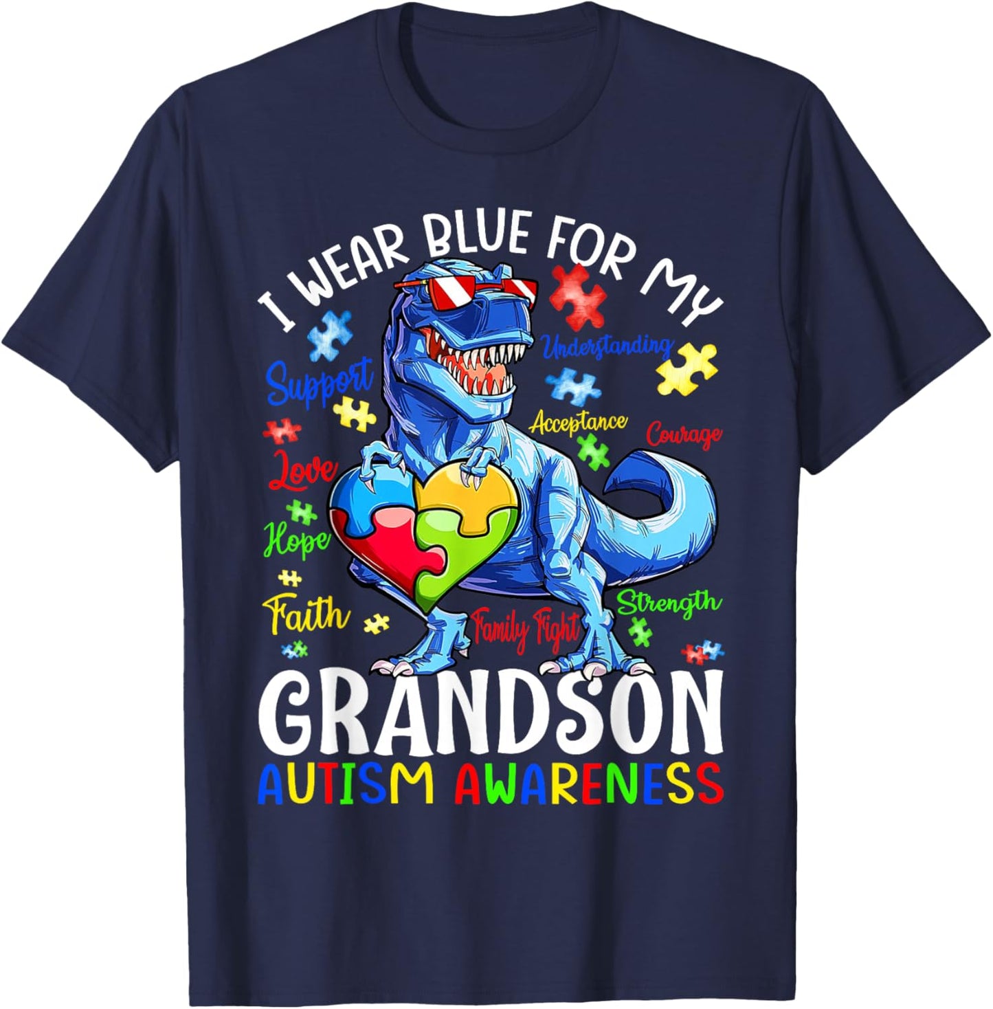 I Wear Blue For My Grandson Autism Awareness Dinosaur T-Shirt - T-Shirt | Navy